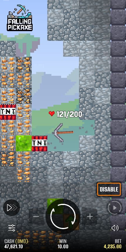 Falling Pickaxe gameplay – early round with 121/200 pickaxe durability, two TNT blocks on the field, and a small win of 10.00
