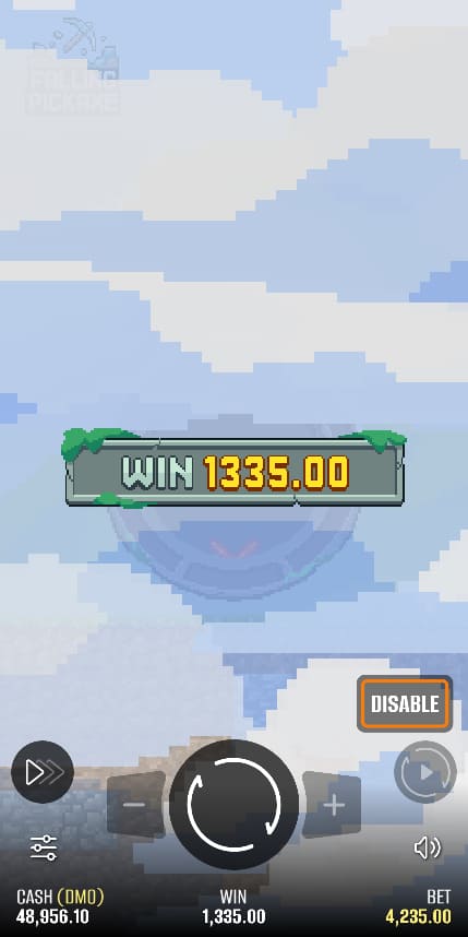 Falling Pickaxe – round in progress showing a win of 1,335.00 after breaking valuable blocks