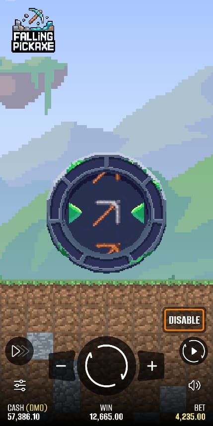 Falling Pickaxe – big win screen with 12,665.00 payout and current balance 57,386.10