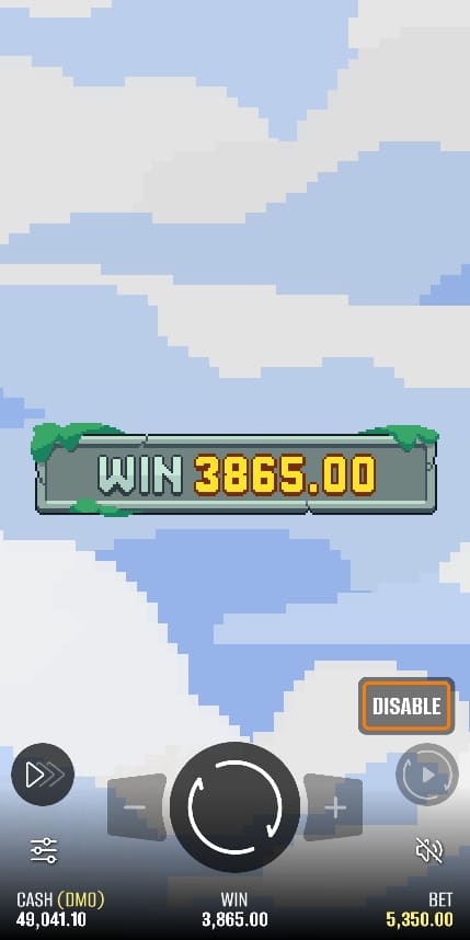 Falling Pickaxe – final win screen showing 3,865.00 win and total balance 49,041.10